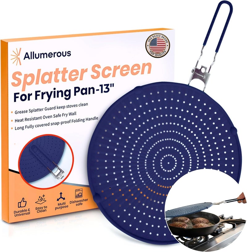 Allumerous Store Silicone Splatter Screen for Frying Pan | Navy 13" | No More Oil Splatters | Long Compact Foldable Handle w/Sleeves, Heat-Resistant, Dishwasher-Safe | Fits 10-12" Pans, Works with Most 13" Skillets - Image 1